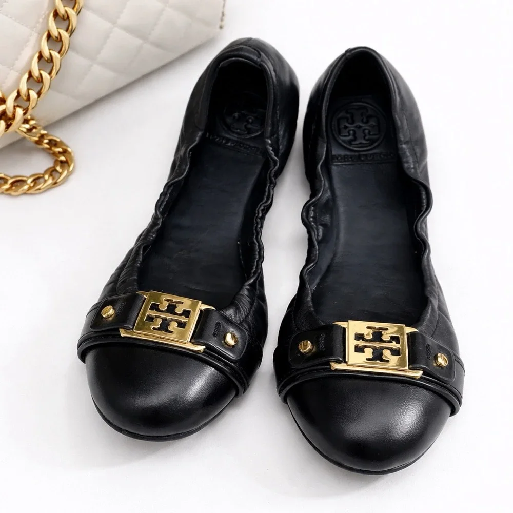 Tory Burch Ambrose Gold Logo Reva Cap Toe Ballet Flats Black Leather Size 5.5